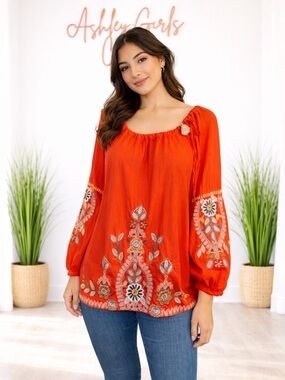 Johnny Was Vibrant Red Embroidered Peasant Blouse